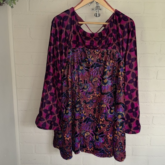 Free People dress tunic medium Mary Mod Velvet Mini Bell Sleeves boho hippie - Picture 4 of 8